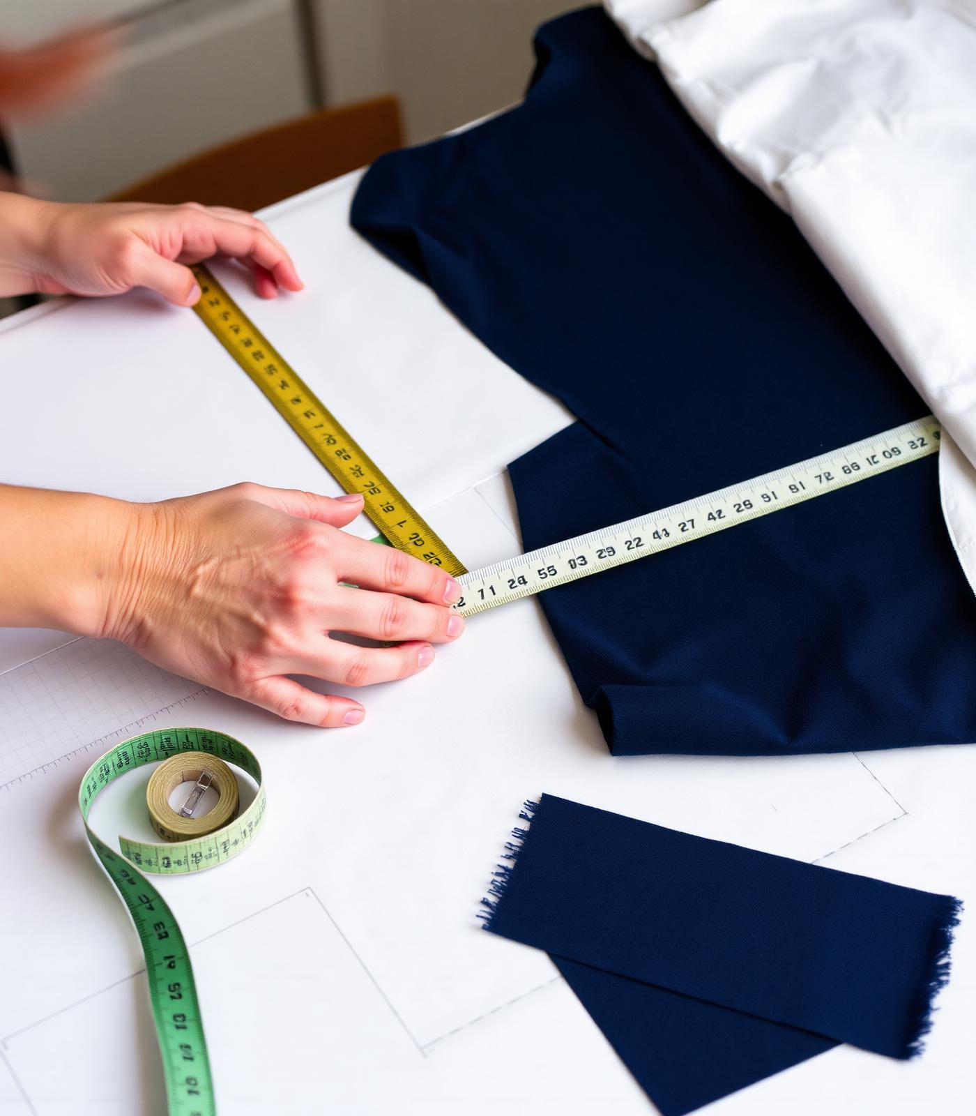 Pattern maker measuring a navy garment panel with fabric swatches