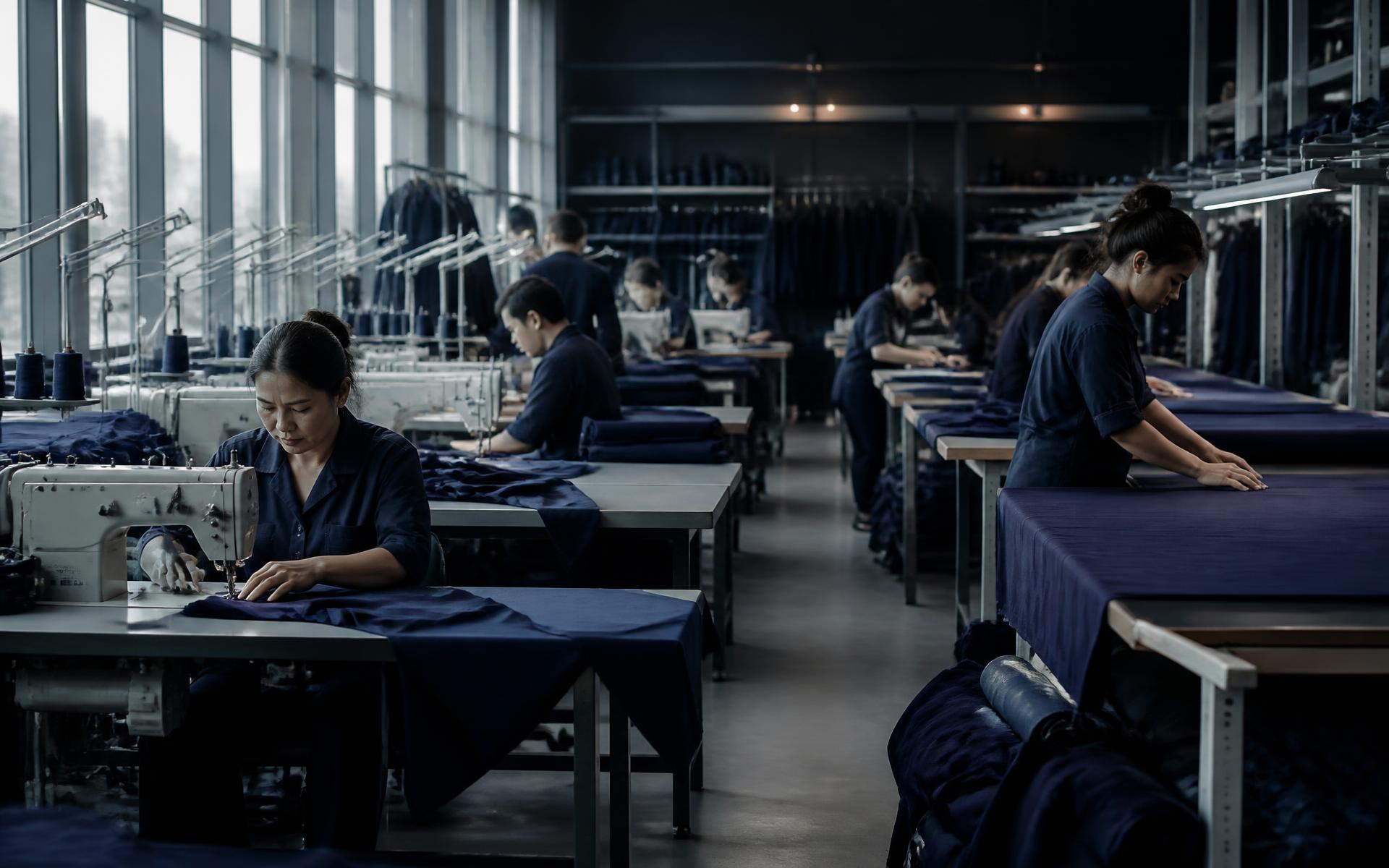 Apparel manufacturing floor with industrial sewing lines producing navy garments